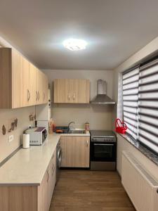 a kitchen with wooden cabinets and a sink and a stove at D&D New Residence in Piteşti
