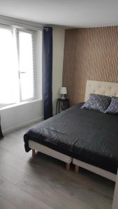 a bedroom with a bed with a black comforter and two windows at L'escapade CDG Astérix Parc d'exposition in Louvres