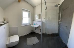 a bathroom with a shower and a toilet and a sink at Guesthouse-Coburg 1 in Großheirath +2 photos