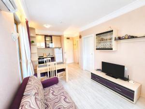 a living room with a couch and a flat screen tv at Harmony Dream Island 9 Private Apartment 618 in Sunny Beach