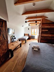 een kamer met een bed, een bank en een tafel bij MX Pokoje in Lipno