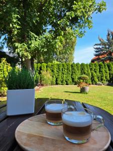 Twee glazen koffie staan op een tafel in een tuin. bij MX Pokoje in Lipno