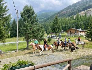 a group of people riding horses in a field at Sabbionaccio Apartments & Spa in Chiesa in Valmalenco
