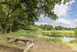 a wooden picnic table sitting next to a pond at Outdoors Holten - Cabin Skydeck in Holten