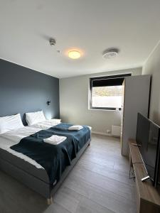 a bedroom with a bed and a flat screen tv at Torghatten Lodge in Torget
