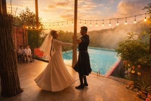 a bride and groom standing in front of a pool at Villa Provance & Swimming Pool in Sighnaghi