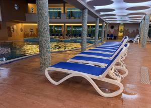 a row of chaise lounge chairs in a pool at Tóth Wellness Apartman in Zalakaros