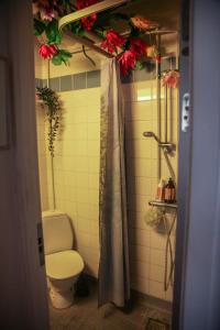 a bathroom with a toilet and a shower with flowers at Studio apartment by the metro in Copenhagen