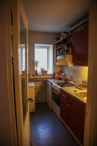 a small kitchen with a sink and a window at Studio apartment by the metro in Copenhagen
