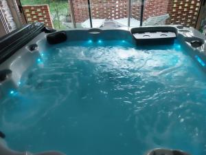 a large hot tub with blue water in a yard at Domaine de Planchoury in Saint-Michel-sur-Loire