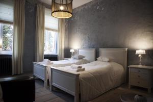 a bedroom with two beds and a chandelier at Apartments Rose Garden in Děčín