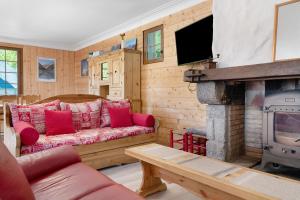 a living room with a couch and a fireplace at Maison L'arrieulat in Argelès-Gazost