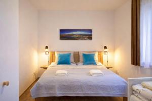 a bedroom with a large bed with blue pillows at Apartmány Lipno-Hory in Horní Planá