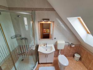 a bathroom with a sink and a shower and a toilet at Sárga Apartman Ház in Balatonfüred +23 photos