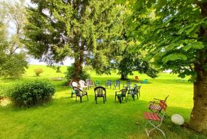 a group of chairs sitting in the grass under a tree at Sonnentor in Bad Wurzach +6 photos