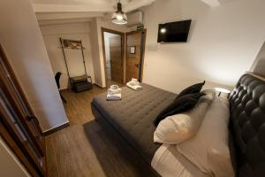 a living room with a bed and a television at Hostal Rural Sartaguda in Sartaguda