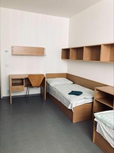 a small room with a bed and a desk at Hotel Astorka in Brno