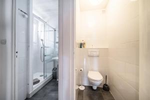 a white bathroom with a toilet and a shower at Appartement Cosy Parc Thermal in Thonon-les-Bains +15 photos