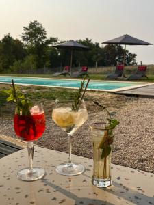 three cocktails sitting on a table next to a pool at Château de Maumusson in Maumusson-Laguian
