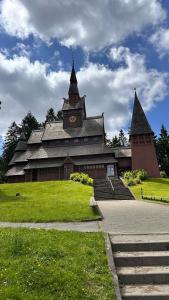 a building with a clock tower on top of a field at Hotels am Kranichsee in Hahnenklee-Bockswiese