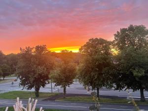 a sunset over a street with trees and a road at Morfslottet in Gothenburg