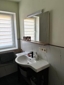 a bathroom with a white sink and a mirror at Vaivari Retreat in Jūrmala