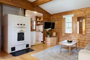 a living room with a fireplace and a tv at Holiday Cabin Kukkula - AC, fireplace & wood-fired sauna in Porvoo