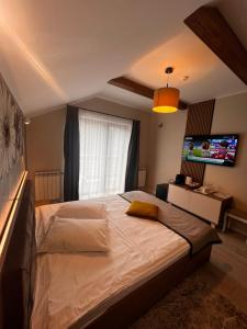 a bedroom with a large bed and a television at Garden Apart in Predeal
