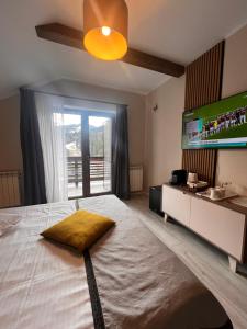 a bedroom with a large bed with a large television at Garden Apart in Predeal