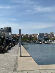 a pole on a sidewalk next to a body of water at Matei's Apartment by the Sea in Constanţa +6 photos