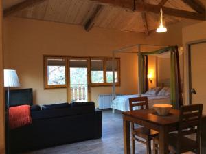 a living room with a couch and a table and a bed at Els Apartaments del bosc in Ribes de Freser