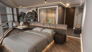 a bedroom with a large bed and a bathroom at The Corner Park Hotel in Antalya