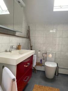 a bathroom with a white sink and a toilet at 't Wirkes in Schimmert +15 photos