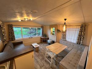 a living room with a couch and a table at De Wilg Beerse, tiny house with meadow view, animals in Beerse