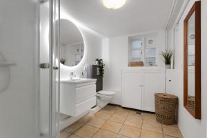 a bathroom with a toilet and a sink and a mirror at Grettir Guesthouse Downtown Charm in Reykjavík