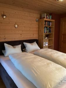 a bedroom with two beds and a book shelf at Sissy Appartment in Kössen