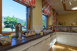 a large kitchen with a counter with food on it at Luise Wehrenfennig & Haus EvA in Bad Goisern