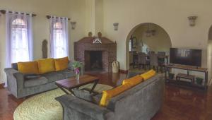 a living room with two couches and a fireplace at Hansat Homestay Residence in Arusha