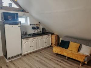 a kitchen with a refrigerator and a couch in a room at Le refuge du chat endormi in Goderville