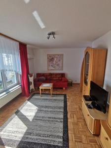 a living room with a red couch and a tv at Schöne Ferienwohnung Wetzlar in Wetzlar
