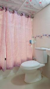 a bathroom with a pink shower curtain and a toilet at Dhanmondi Lake View Hotel in Dhaka +21 photos