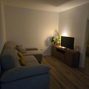 a living room with a couch and a flat screen tv at Casa a Figueira in Pungín +1 photo