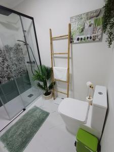 a bathroom with a shower and a toilet and a plant at Quarto Casa na Praia in Porches +17 photos