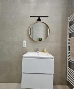 a bathroom with a white sink and a mirror at Atomium Apartment 1 in Brussels +17 photos