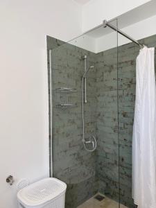 a bathroom with a glass shower with a toilet at Maison Soleil II in Kastro Kyllini