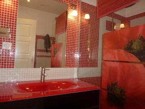a bathroom with a red sink and a mirror at Gîte de Roques in Serres-sur-Arget