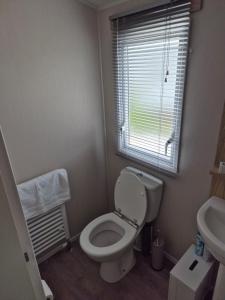 a small bathroom with a toilet and a sink at Sharmar Eyemouth in Eyemouth