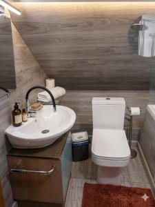 a bathroom with a sink and a toilet at La'Mansarda in Chişinău +7 photos