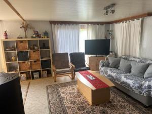 a living room with a couch and a flat screen tv at Lilia Chalet in Durbuy