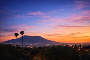 a sunset with two palm trees and a mountain at Bellosguardo Suites in San Paolo Bel Sito